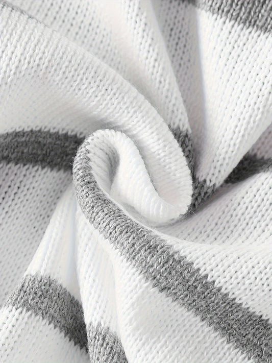 Baby Boys Comfortable & Casual Grey And White Striped Crew Neck Knitted Sweater For Outing Activities