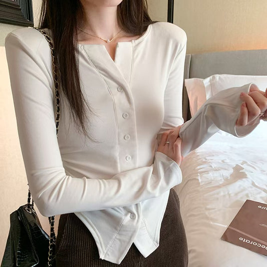 flowersverse Buttoned Solid Color Long Sleeves Skinny Off-The-Shoulder Blouses&Shirts Tops