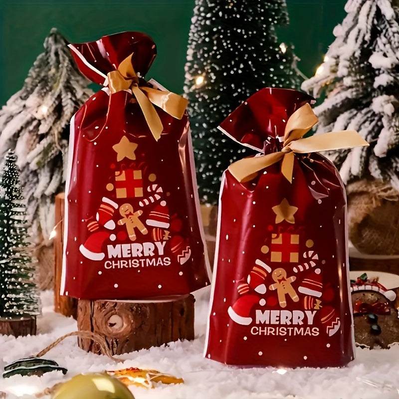 10-Pack Festive Christmas Gift Bags with Drawstring - Plastic Treat Bags for Cookies, Candy, and Snacks - Holiday Party Favor Packaging