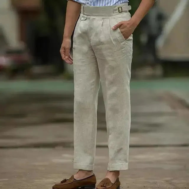 British Style Men Gurkha Linen Pant High Waist Straight Ankle-Length Pants Spring Summer High Quality Thin Casual Loose Trouser 240421