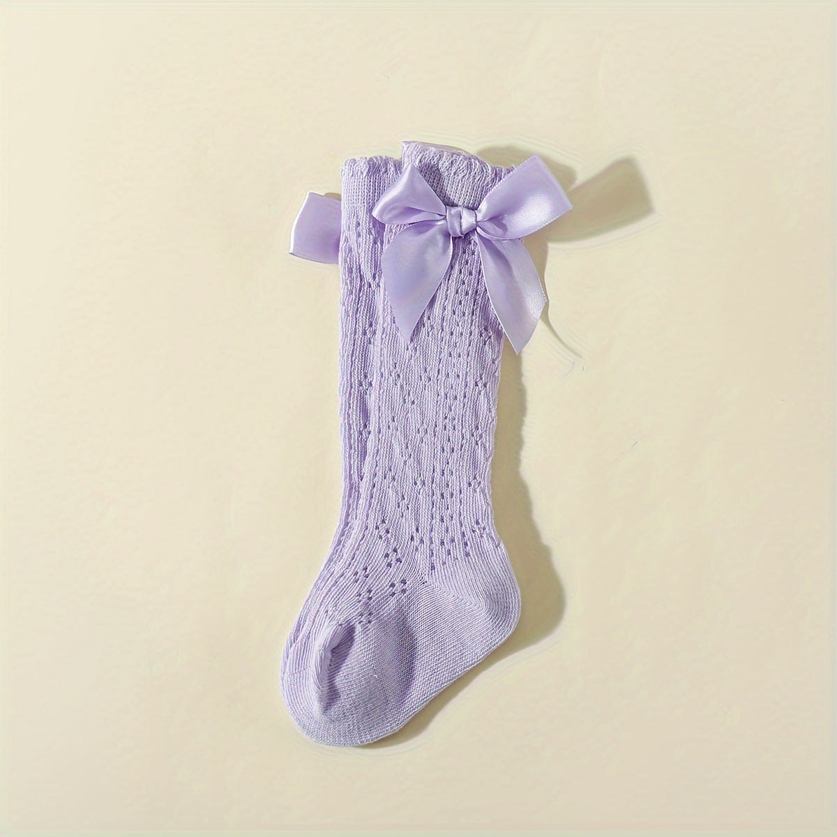 1 Pair Of Baby's Toddler's Mesh Knee-high Socks, Solid Bowknot Design, Princess Style Girl's Cotton Socks For Spring And Summer