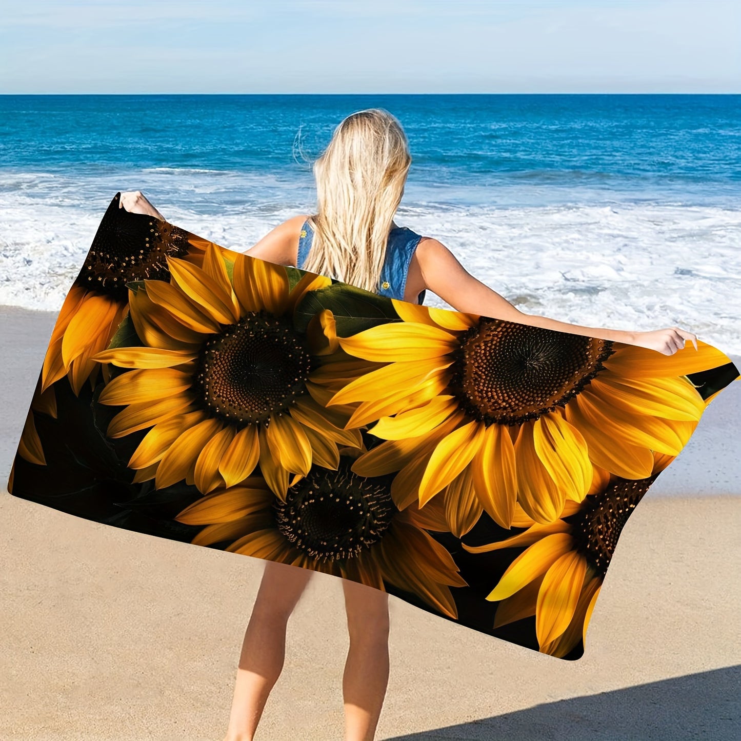 1pc Sunflower Pattern Microfiber Beach Towel, 55inch Ultra Soft Quick-Dry Bath Towel For Summer Beach, Modern Style, Versatile For Yoga, Swimming, Fitness, And Camping