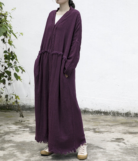 spring and autumn cotton and linen retro rough edge heavy linen cardigan purple literary travel long coat