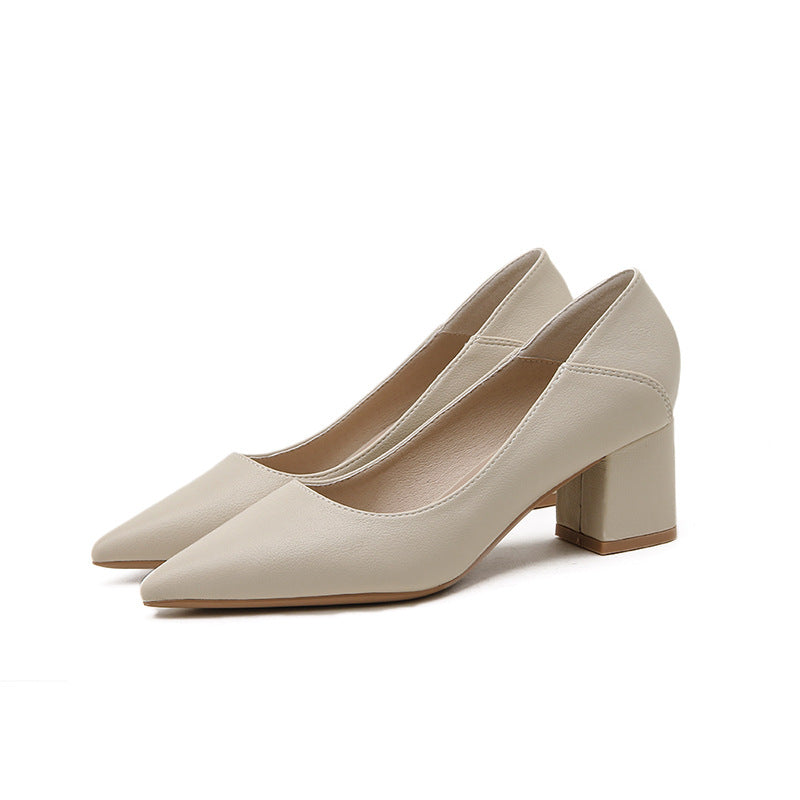 2025 555 pointed thick heel shallow mouth high heels soft leather commuter professional work shoes Korean version new single shoe manufacturer wholesale
