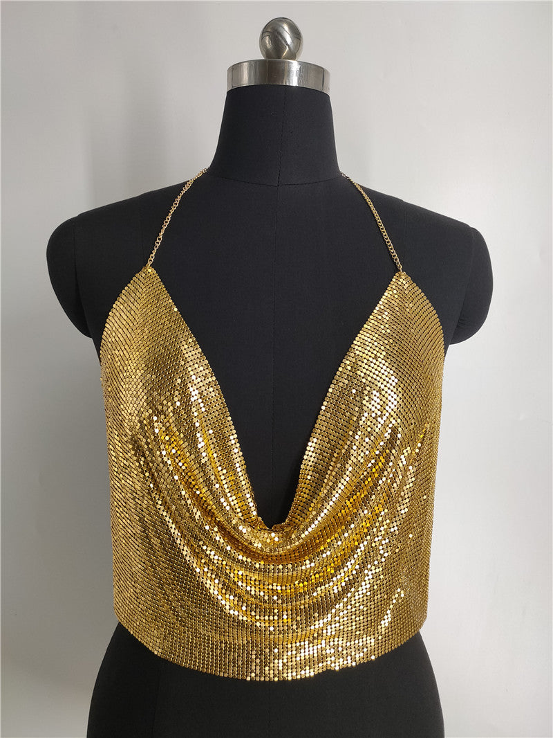 Popular, 2025 2020ins Popular trade New nightclub wind low-cut backless rhinestone sequined chain top vest fz1365