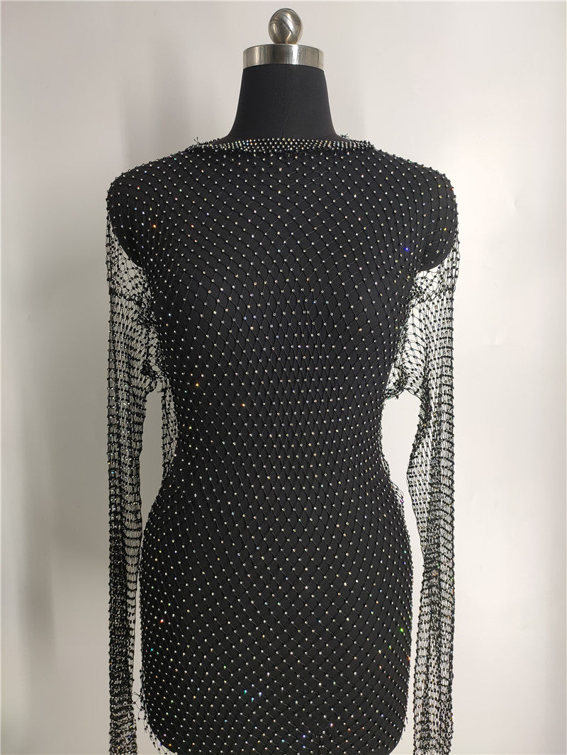 2025 2020 New Popular trade ins bright diamond flash diamond full diamond rhinestone mesh drill hollow mesh dress fb1457
