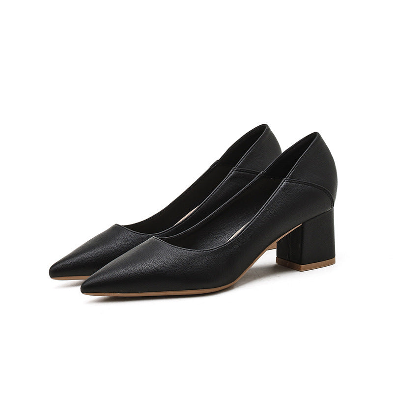 2025 555 pointed thick heel shallow mouth high heels soft leather commuter professional work shoes Korean version new single shoe manufacturer wholesale