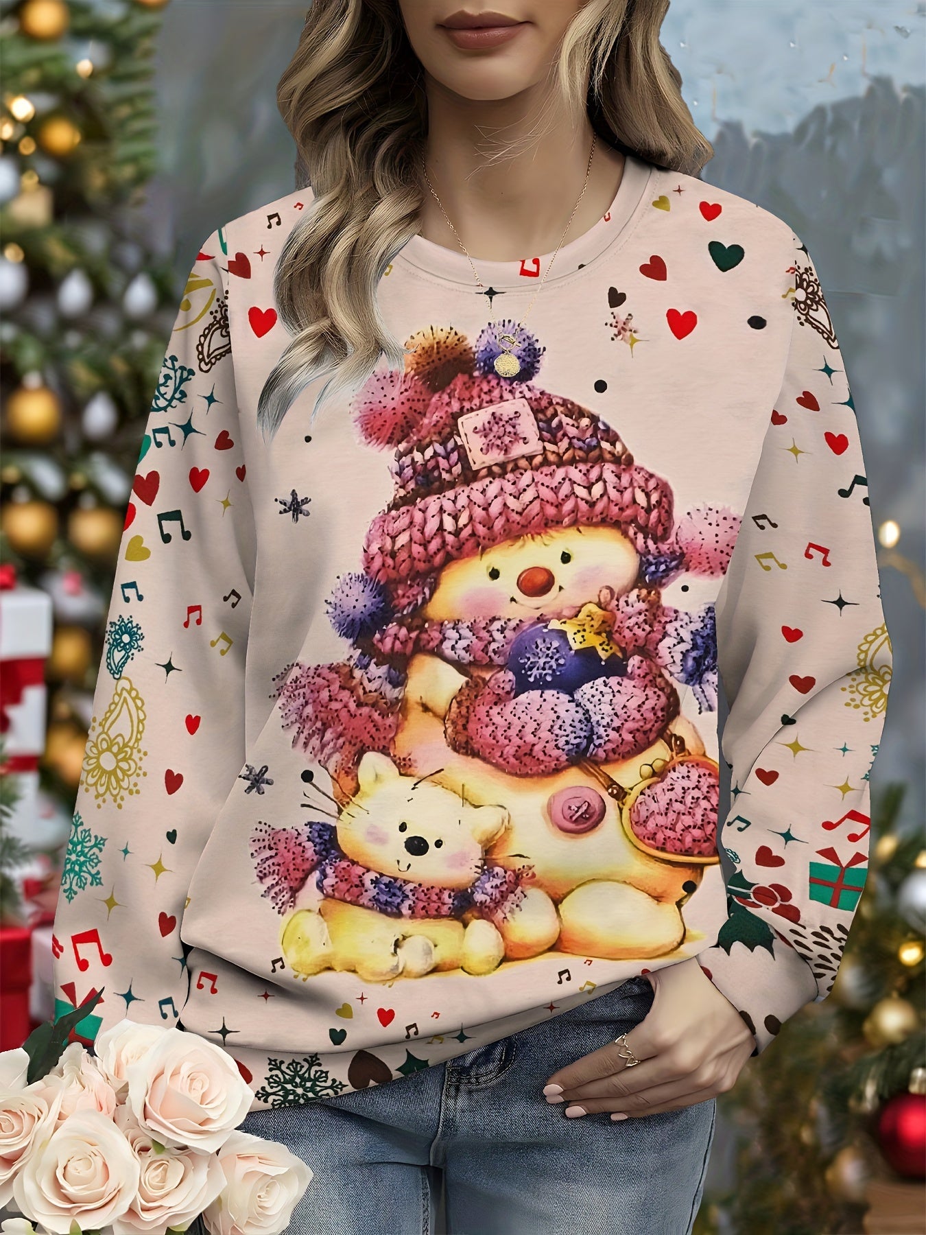 Women's Festive Christmas Snowman Print Crew Neck Sweatshirt - Casual Long Sleeve Pullover, Breathable Polyester Blend, Machine Washable, Stretch Fit for All Seasons