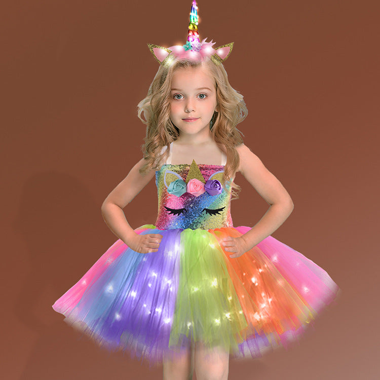 flowersverse Unicorn Tutu Skirt Cross-Border Girls Dress Led Princess Dress Costume Birthday Party Tulle Tutu Skirt