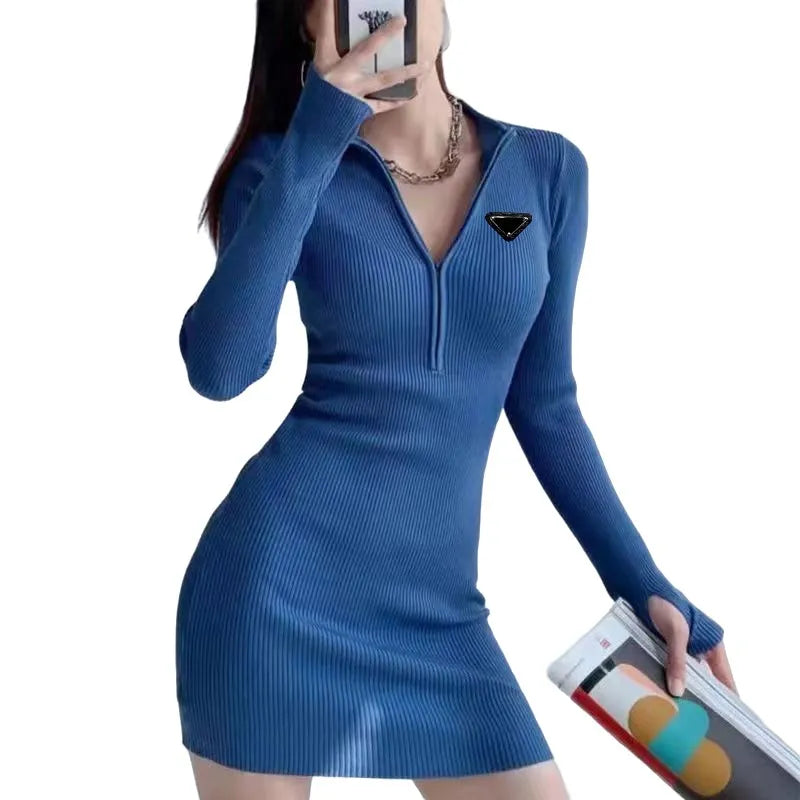 Designer Dress Europe US Hot Style Pencil Skirt Personality Fashion Long-sleeved Dress Buttons New High Stree P Letter Zipper Casual Slim Dress Clothing
