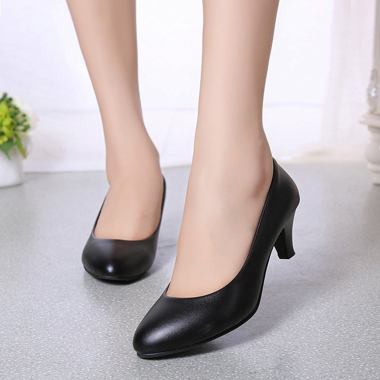 flowersverse Four Seasons High Heel Pumps Women's Mid and Low Heel Fashion Pointed Shoes 5cm Chunky Heel Casual Leather Shoes Low Heel Work Performance Shoes