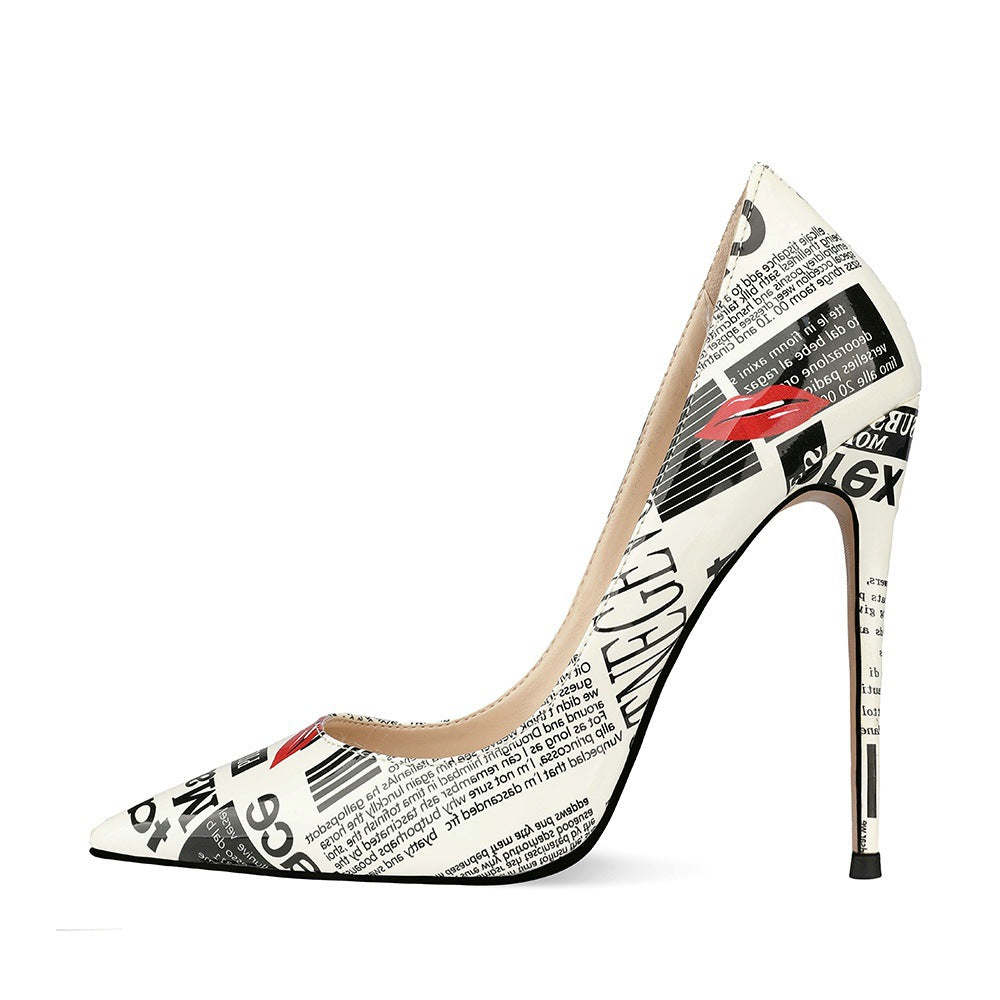 flowersverse Foreign Trade 12cm Graffiti Fashion High Heels Women's Women's Pointed Toe Stiletto Heels Catwalk Show Shoes plus Size Wedding Shoes