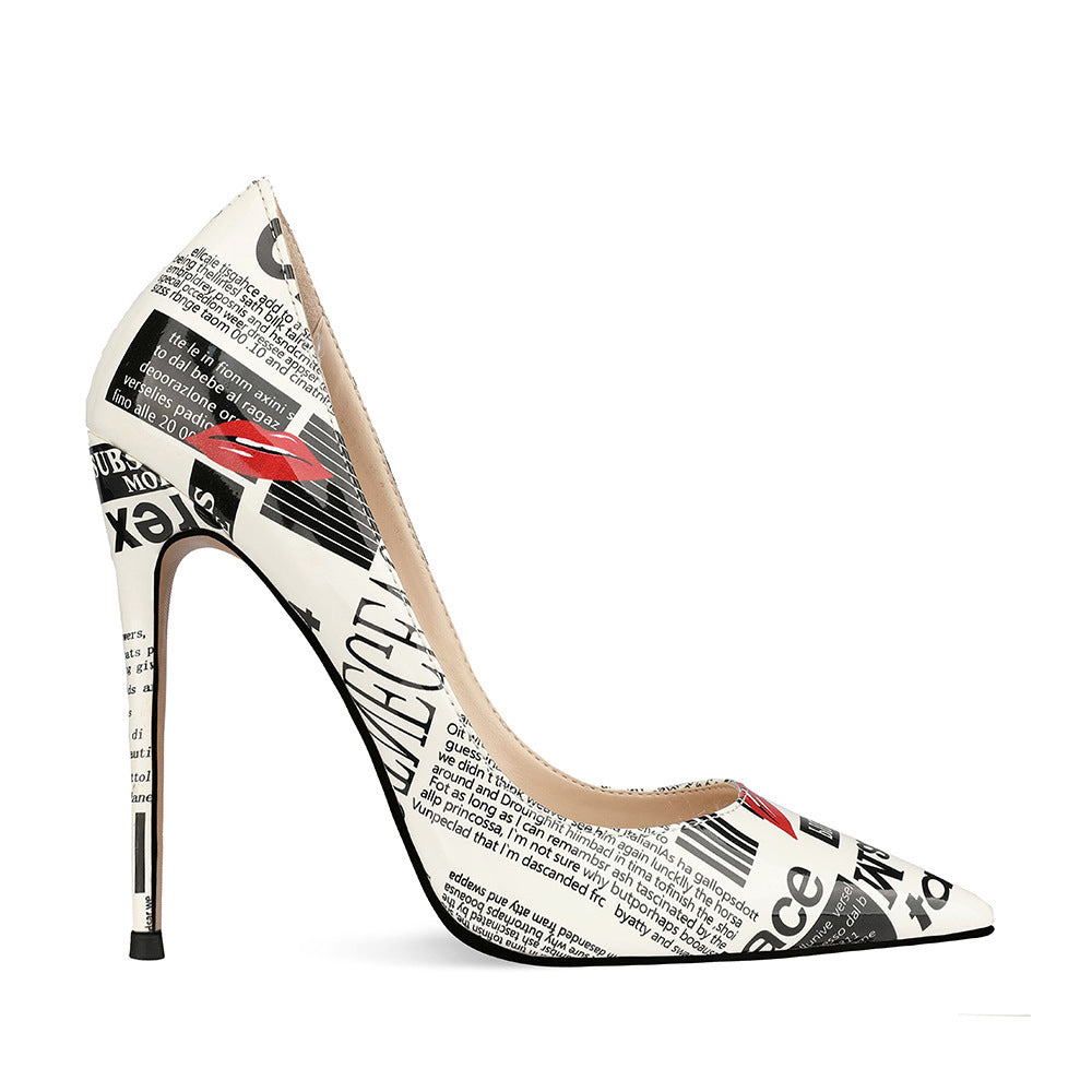 flowersverse Foreign Trade 12cm Graffiti Fashion High Heels Women's Women's Pointed Toe Stiletto Heels Catwalk Show Shoes plus Size Wedding Shoes
