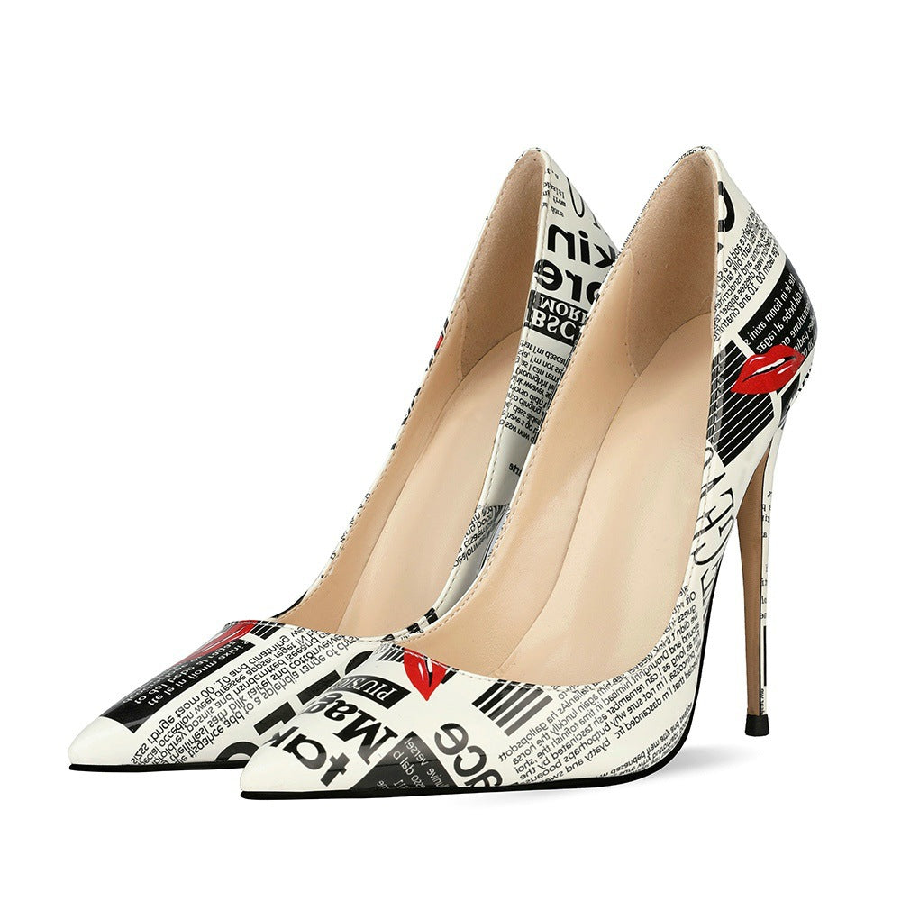 flowersverse Foreign Trade 12cm Graffiti Fashion High Heels Women's Women's Pointed Toe Stiletto Heels Catwalk Show Shoes plus Size Wedding Shoes