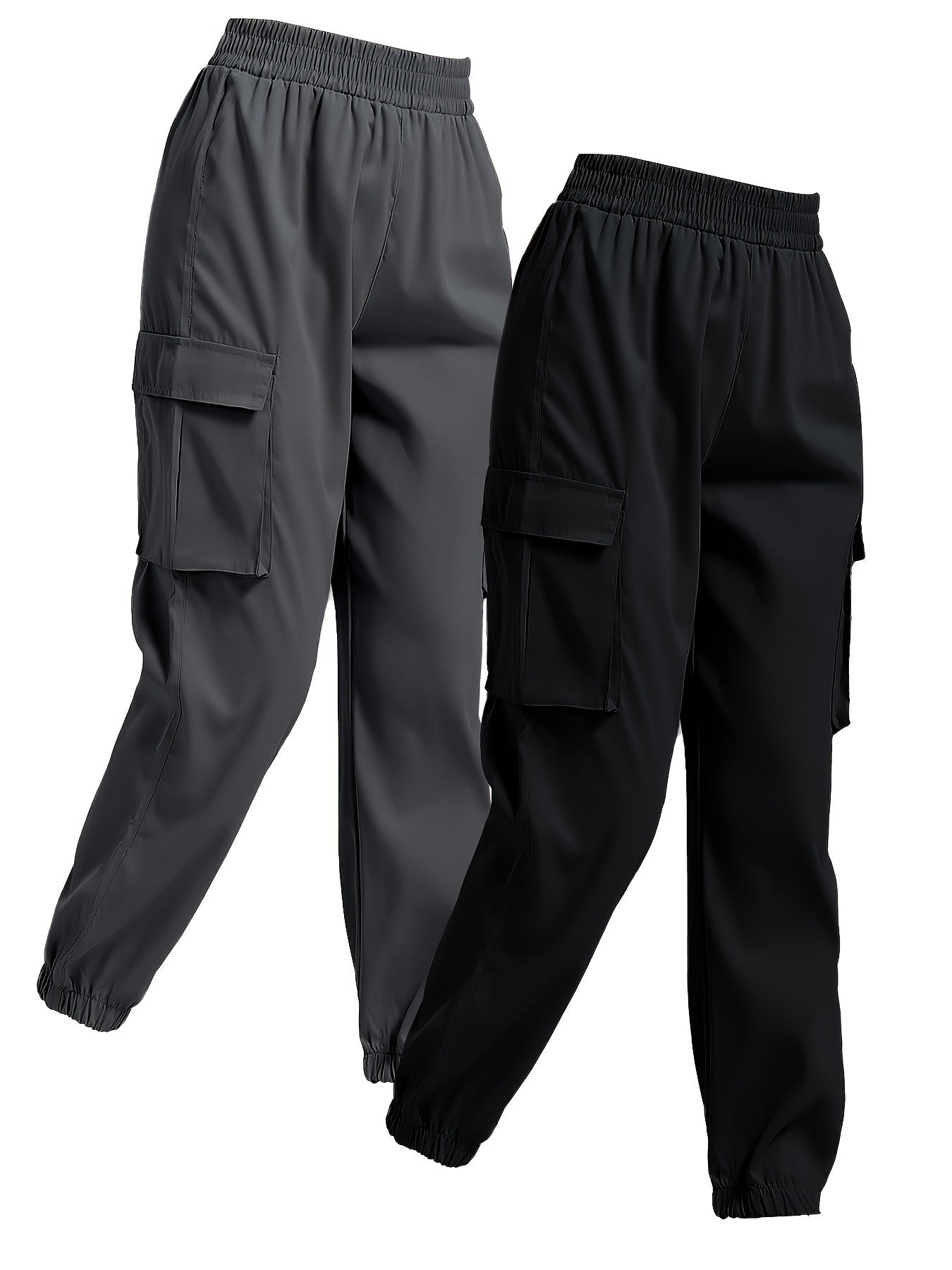 2 Pack Solid Jogger Cargo Pants - Women's Casual Pants with Flap Pockets and Elastic Waistband - Comfortable and Versatile Clothing for Everyday Wear