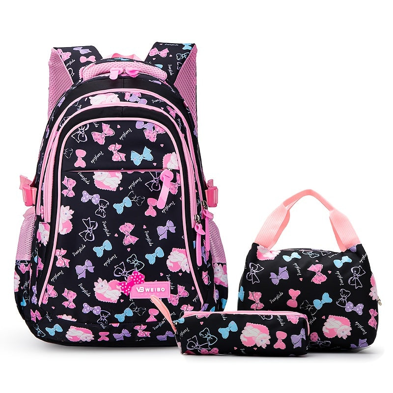 3-Piece Cute School Backpack Set for Boys & Girls - Lightweight, Foldable with Color Block Design, Lunch Box & Pencil Case Included