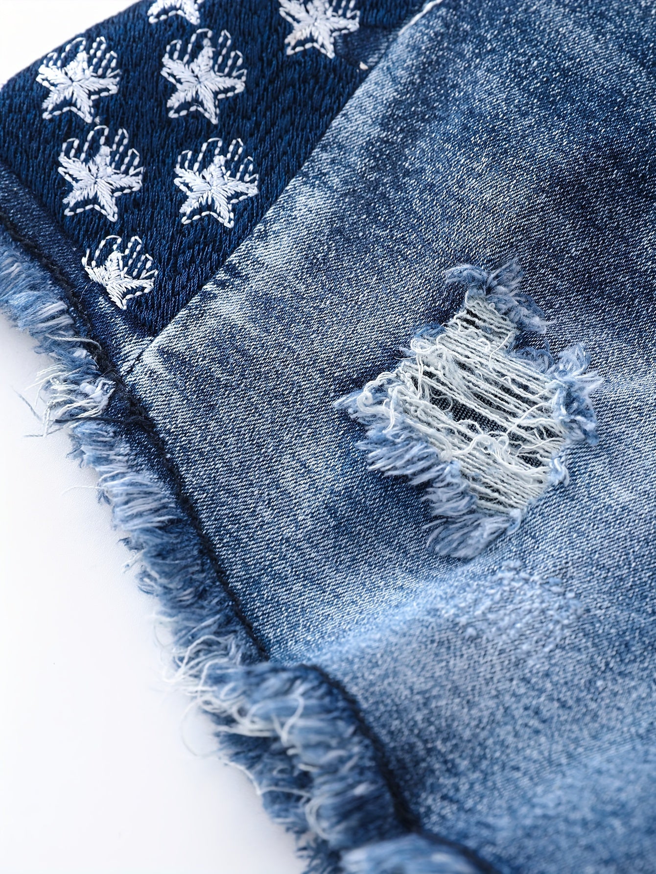 Plus Size Womens Distressed Bermuda Denim Shorts - Elegant Vintage Wash, Ripped, Medium Stretch, Frayed Hem, American Flag Embroidery for Independence Day 4th of July - Machine Washable, Spring/Summer Fashion Wear