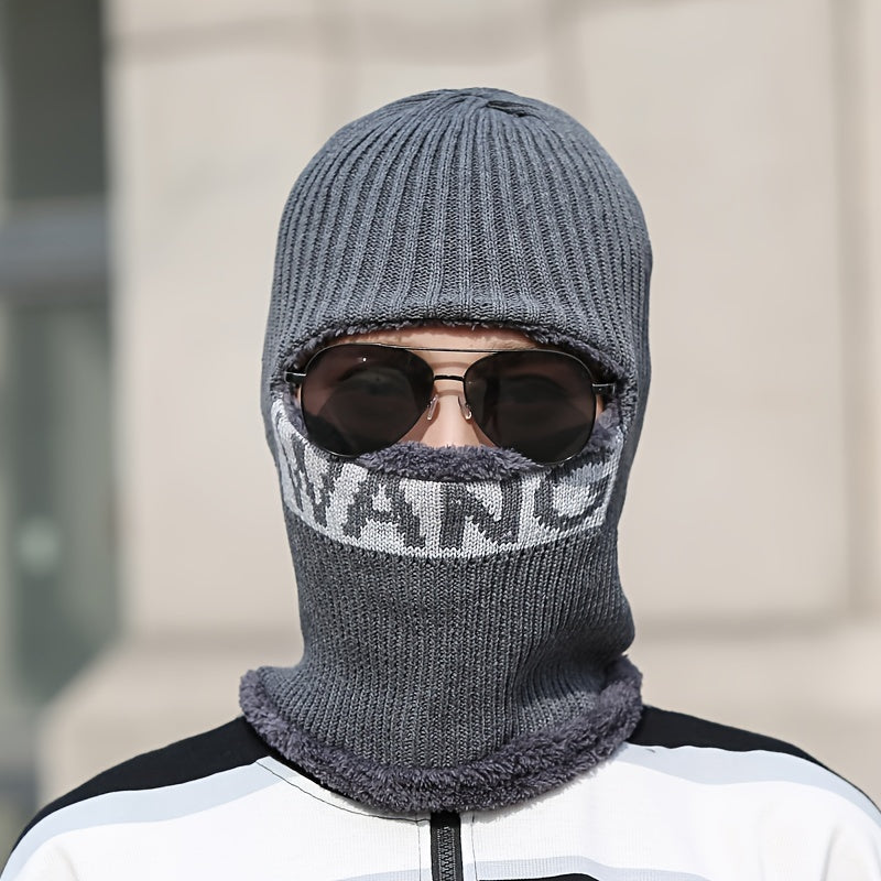 1pc Men's Scarf One Piece Hat, Winter Thickened Warm Hat, Cycling Face Protection, Cold Proof Cotton Knitted Hat