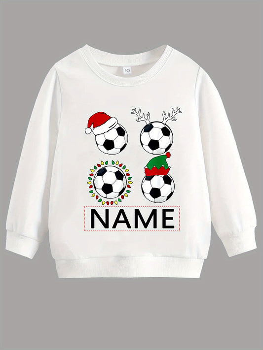 Custom Christmas Name & Soccer Print - Cozy Fleece-Lined Long Sleeve Pullover for Boys & Girls, Perfect for Fall/Winter