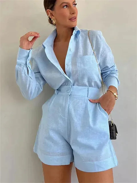 Aoaiiys White Short Sets Women Shirts Long Sleeve Linen Loose Blouse High Waist Shorts Suit Summer 2 Piece Womens Outfits 240518