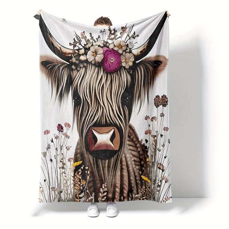 1pc Highland Cow Print Flannel Blanket - Luxuriously Soft & Cozy Warm, Versatile Nap & Couch Throw for All Seasons - Perfect Travel Companion & Gift Idea with Eye-catching Design