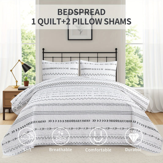 3pc Luxurious Bohemian Quilted Bedspread Set - Soft, Hypoallergenic & Durable, Black & White Geometric Stripes - Cozy Coverlet for Bedrooms & Dorms, Includes 1 Bedspread & 2 Pillowcases