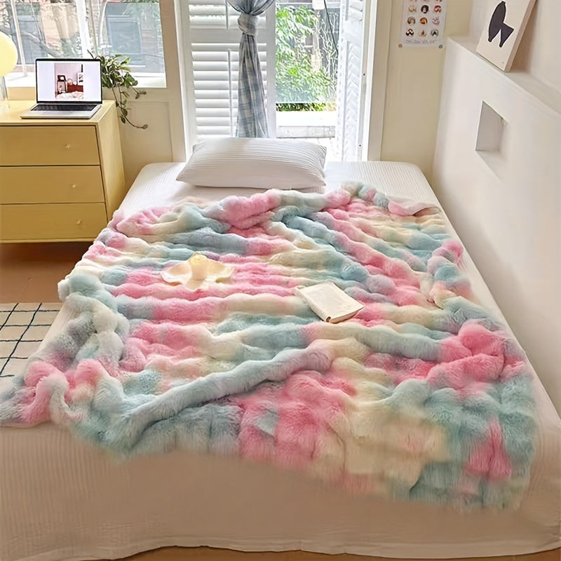 1pc Luxurious Faux Rabbit Fur Reversible Throw Blanket - Soft, Warm, Cozy, Versatile, and Lightweight for Office, Outdoor, Camping, Sofa, and Gift - Perfect for All Seasons and Occasions