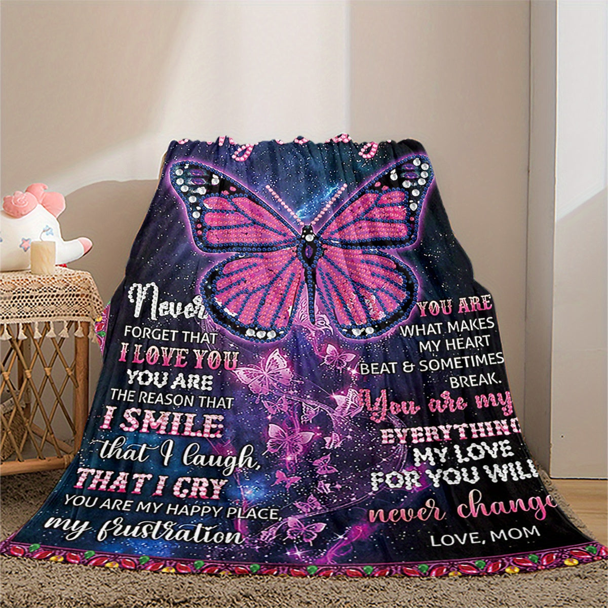 1pc Cozy Butterfly Printed Flannel Blanket - Soft Warm Throw Blanket for All Season - Perfect for Couch, Bed, Sofa, Office, Camping, Travel, and Home Decor, Heartfelt Holiday Gift for Daughter from Mom