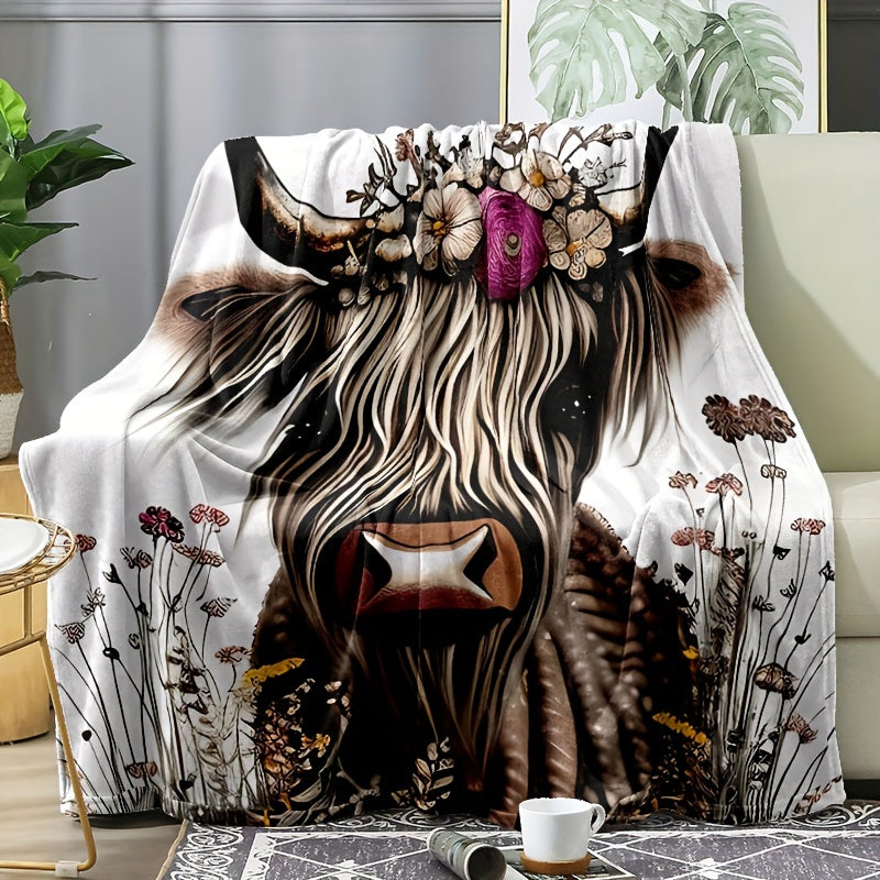 1pc Highland Cow Print Flannel Blanket - Luxuriously Soft & Cozy Warm, Versatile Nap & Couch Throw for All Seasons - Perfect Travel Companion & Gift Idea with Eye-catching Design