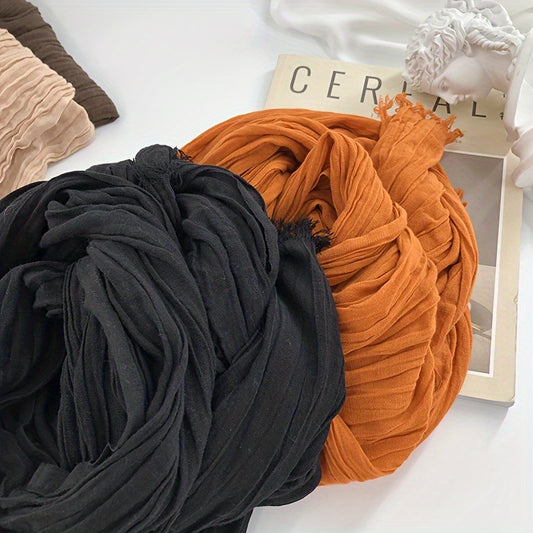 1pc Autumn And Winter Fringed Wrinkled Scarf, Unisex Warm Long Scarf