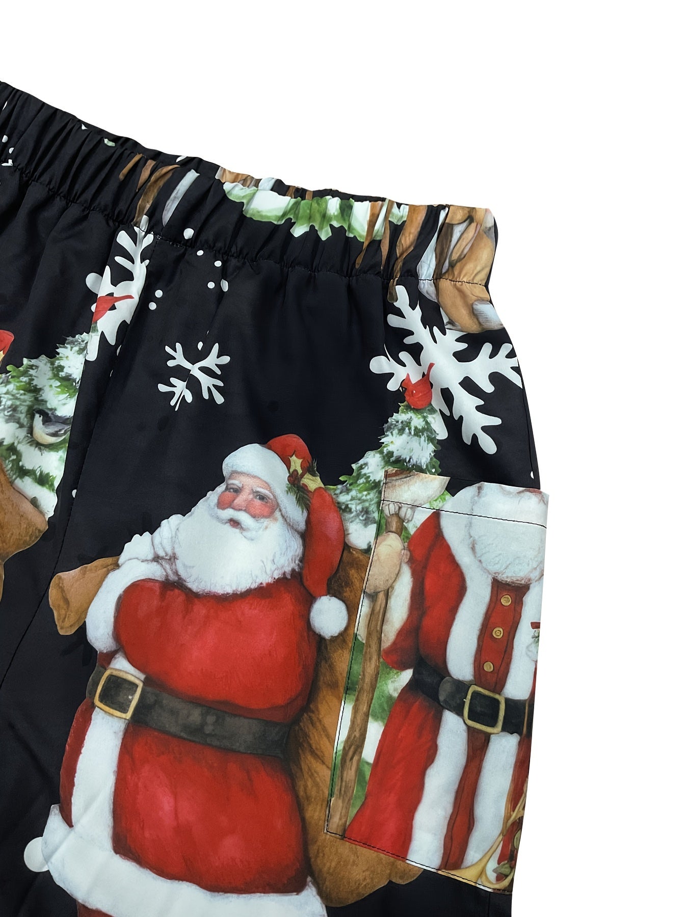 1pc Polyester Elegant Wide Leg Pants with Elastic Waist, Side Pockets, Festive Santa and Reindeer Design for Adults, Suitable for All Seasons
