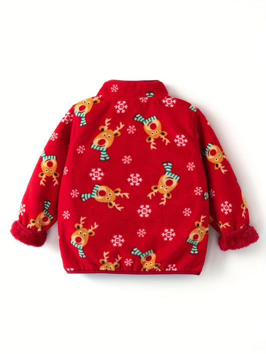 Cozy Boy's Reindeer Pattern Fleece Jacket, Warm Zip-Up Stand Collar Coat for Fall Winter Outdoor Adventures