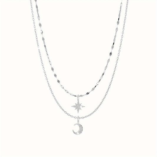 1 pc of 925 Sterling Silver Layered Necklace Chain Star Moon Choker Necklace for Women Teen Girls Layering Chain Choker