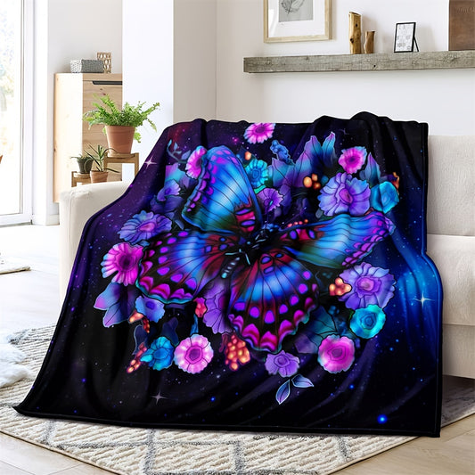 1pc Cozy Butterfly Floral Throw Blanket - Throws - Soft Digital Printing Flannel for Sofa, Bed, Travel, Camping, Lightweight, Fleece, Living Room, Office, Couch, Chair, and More