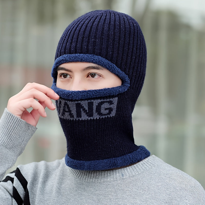 1pc Men's Scarf One Piece Hat, Winter Thickened Warm Hat, Cycling Face Protection, Cold Proof Cotton Knitted Hat
