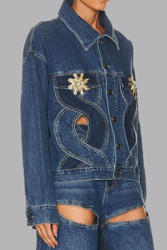 flowersverse flowersverse - Blue Casual Color Lump Solid Hollowed Out Buttons Metal Accessories Decoration Turndown Collar Long Sleeve Regular Denim Jacket