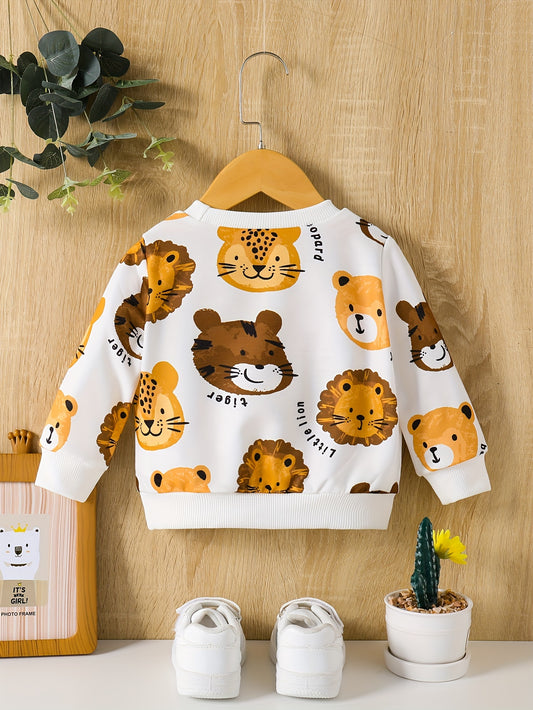 Cozy Cartoon Crew Neck Sweatshirt for Toddler Boys - Soft Long Sleeve Pullover with Adorable Animal Designs, Everyday Wear, Casual Style, and Comfortable Fit