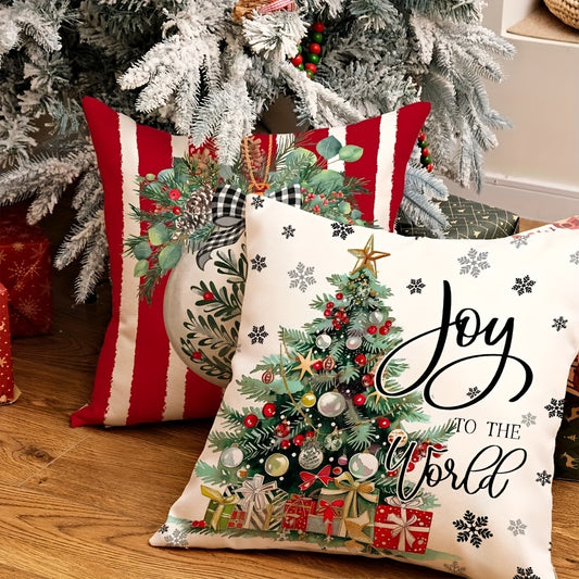 4-Pack Rustic Christmas Throw Pillow Covers, Linen Zippered Cushion Cases with Xmas Tree, Truck, Balls, Joy to the World & Snowflake Designs, Machine Washable, Woven Decor for Various Room Types