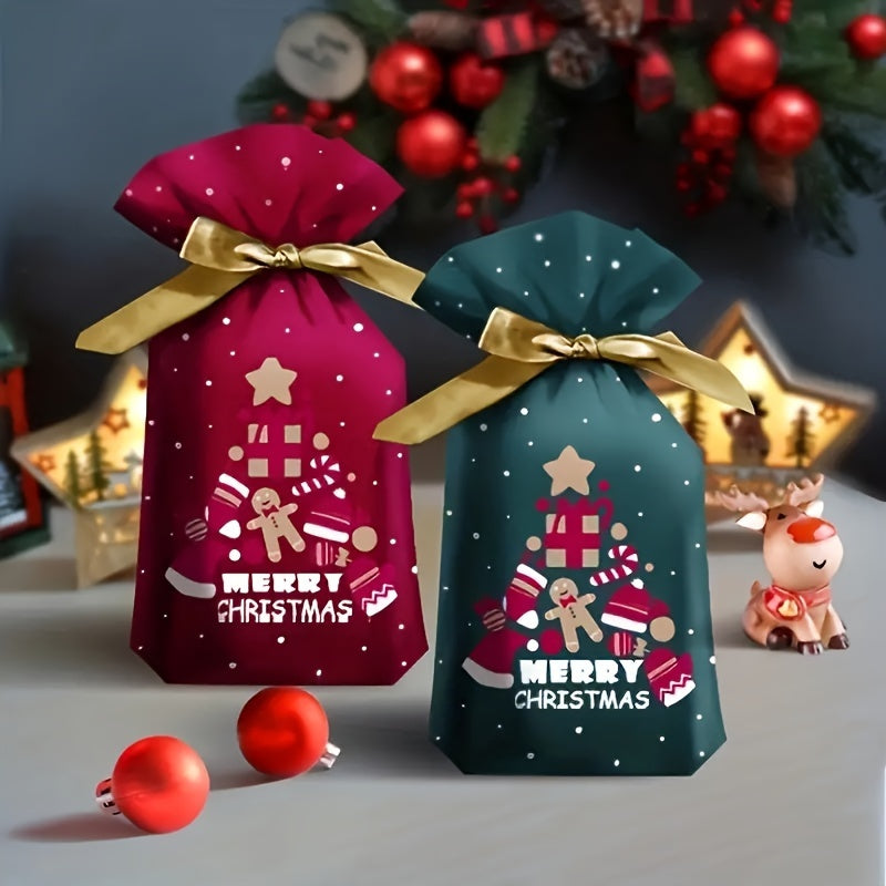 10-Pack Festive Christmas Gift Bags with Drawstring - Plastic Treat Bags for Cookies, Candy, and Snacks - Holiday Party Favor Packaging