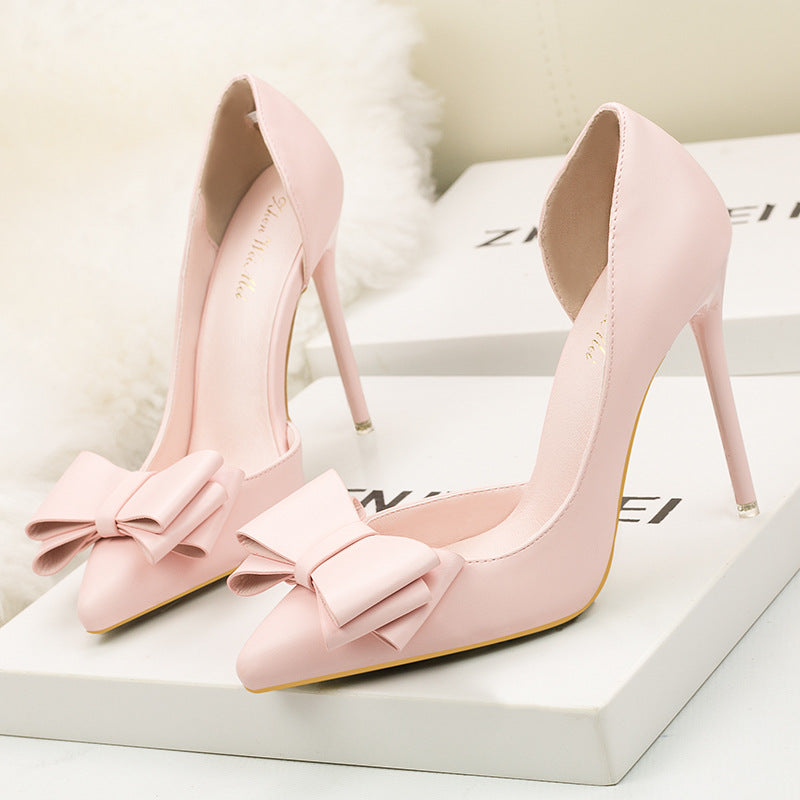 flowersverse 3168-2 Korean Style Fashionable Sweet Bowknot High Heels Stiletto Heel Shallow Mouth Pointed Toe Side Hollow out Pumps