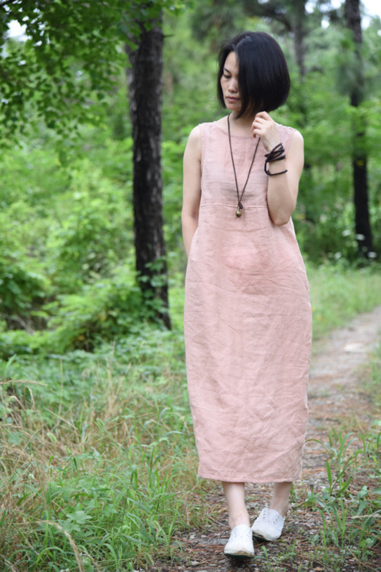 FLOWERSVERSE Su Nian Weiyang 1707/Wood Black, Ramie Simple Literary Sleeveless Pullover Bottom V-Neck Dress