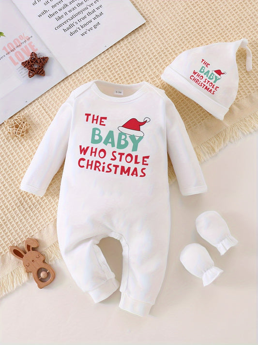 TEEUIEAR 3-Piece Newborn Christmas Romper Set - 100% Cotton Cute Holiday Themed Long Sleeve Onesies with Santa Hat & Gloves for Baby Boys - Fall/Winter Knit Fabric, Regular Fit Jumpsuit with Solid Color, Alphabet & Animal Patterns, for Outdoor