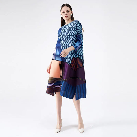 0C475M15 # Summer Women's Dress Japanese and Korean Casual Pleated Round Neck Geometric Digital Printing