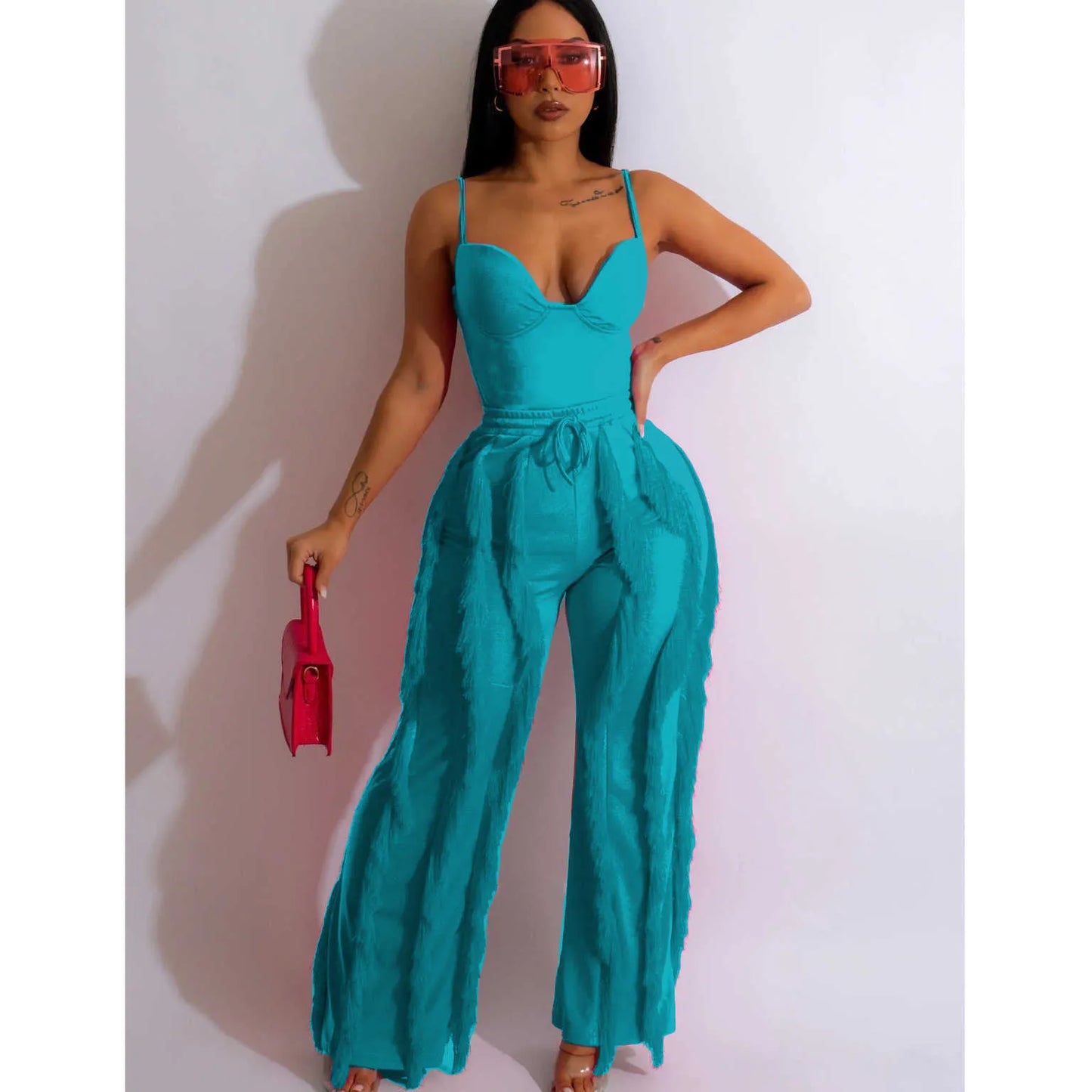 Womens Designer Tracksuit Pants Sexy Tow Piece Set New Ladies Solid Color Sling Sleeveless Top Tassel Loosetrousers Suit