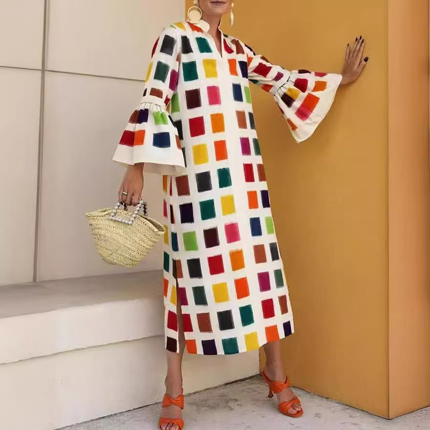 flowersverse Multi-Colored Plaid Loose Puff Sleeves Stand Collar DRESSES