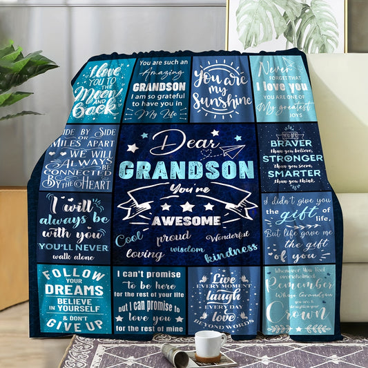 1pc Cozy Pattern Printed Blanket with Heartfelt Letter to Grandson - Soft, Plush, and Contemporary Design for Travel, Sofa, Office, and Home Decor - Perfect Birthday Gift for All Seasons