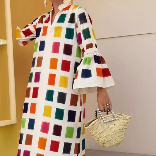 flowersverse Multi-Colored Plaid Loose Puff Sleeves Stand Collar DRESSES