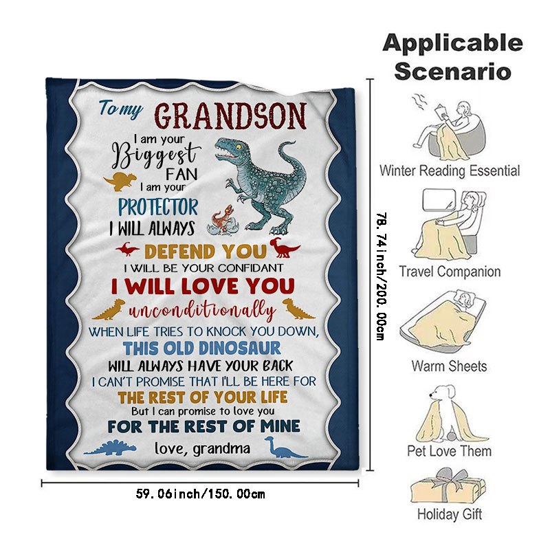 1pc Cozy Dinosaur Printed Flannel Blanket - Ultra-Soft, Warm, and Versatile Throw for All Seasons - Heartwarming To My Grandson From Grandma Envelope Blanket, Perfect Holiday Gift for Grandsons