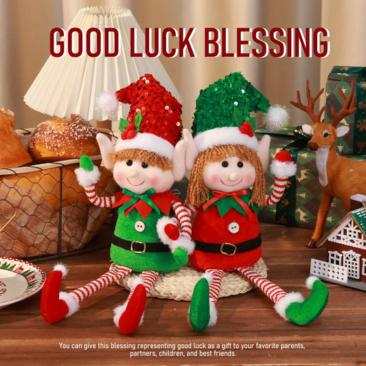 2pcs Festive Christmas Elf Plush Dolls, Long Legged Elf Figurines, Polyester Tabletop Decor, Non-Electric Holiday Accents for Seasonal Display