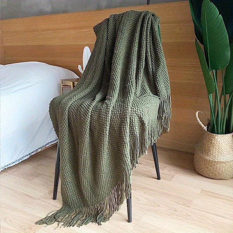 1pc Cozy Knitted Throw Blanket with Tassels - Soft, Lightweight, Bubble Textured, Perfect for Couch, Bed, Sofa, Home Decor - Adds Warmth and Style to Any Room